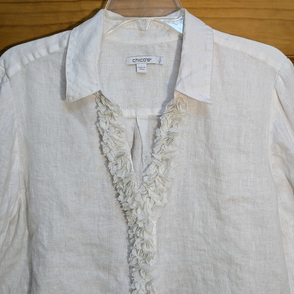 Chico’s White Floral Applique Ruffle Linen Tunic LS Top Sz 2/US Large Beach Boho - Picture 2 of 10